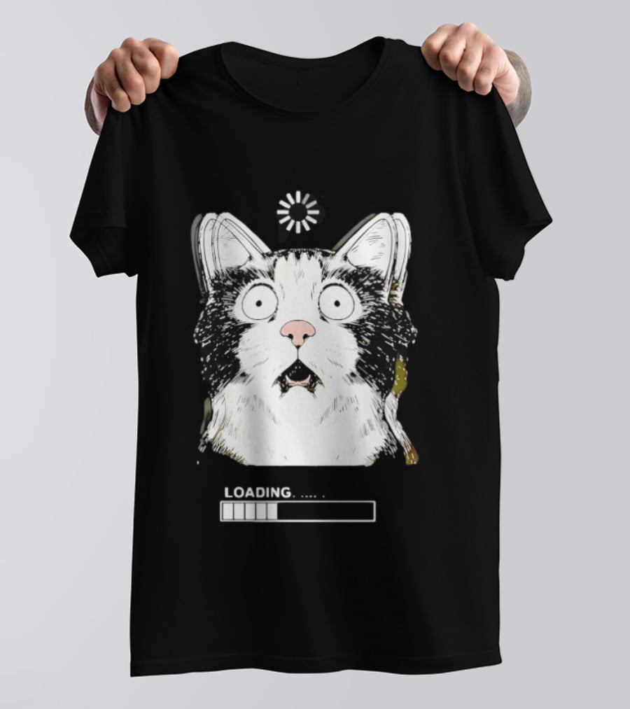 Startled Tuxedo Cat Staring Wide Eyed Beside Loading Progress Bar Meme T-Shirt