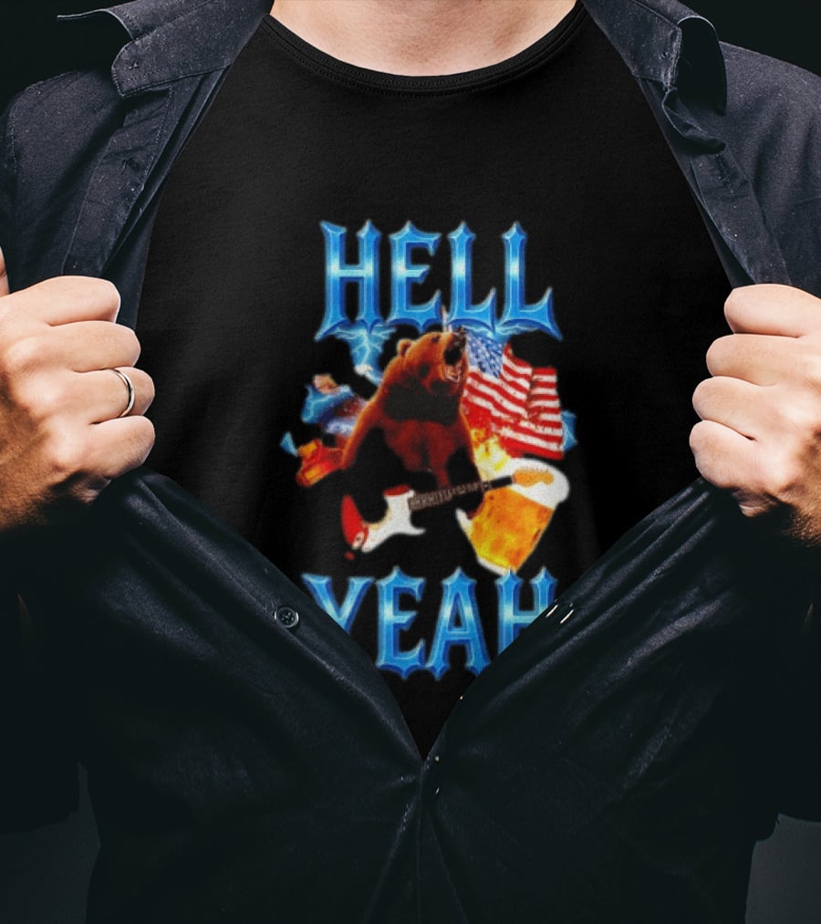 Hell Yeah Bear American Flag Guitar Beer Celebration T-Shirt
