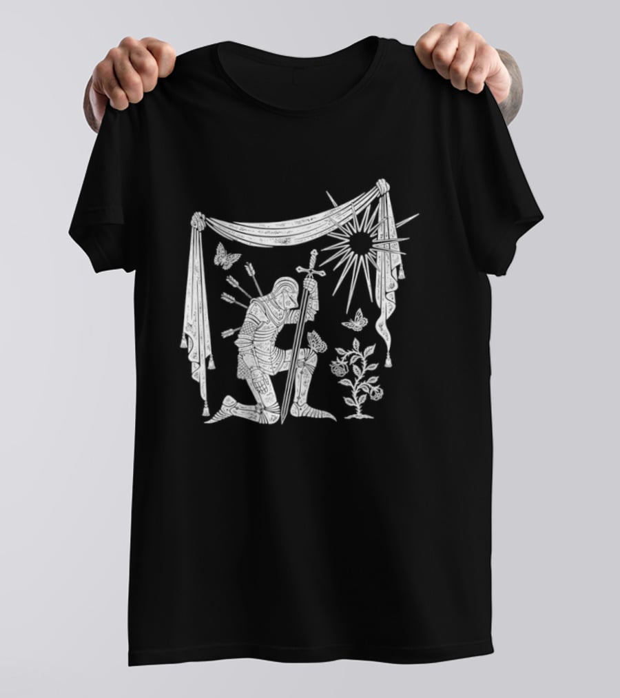 Knight Kneeling With Sword And Arrows Medieval Warrior Sun And Nature Motif T-Shirt