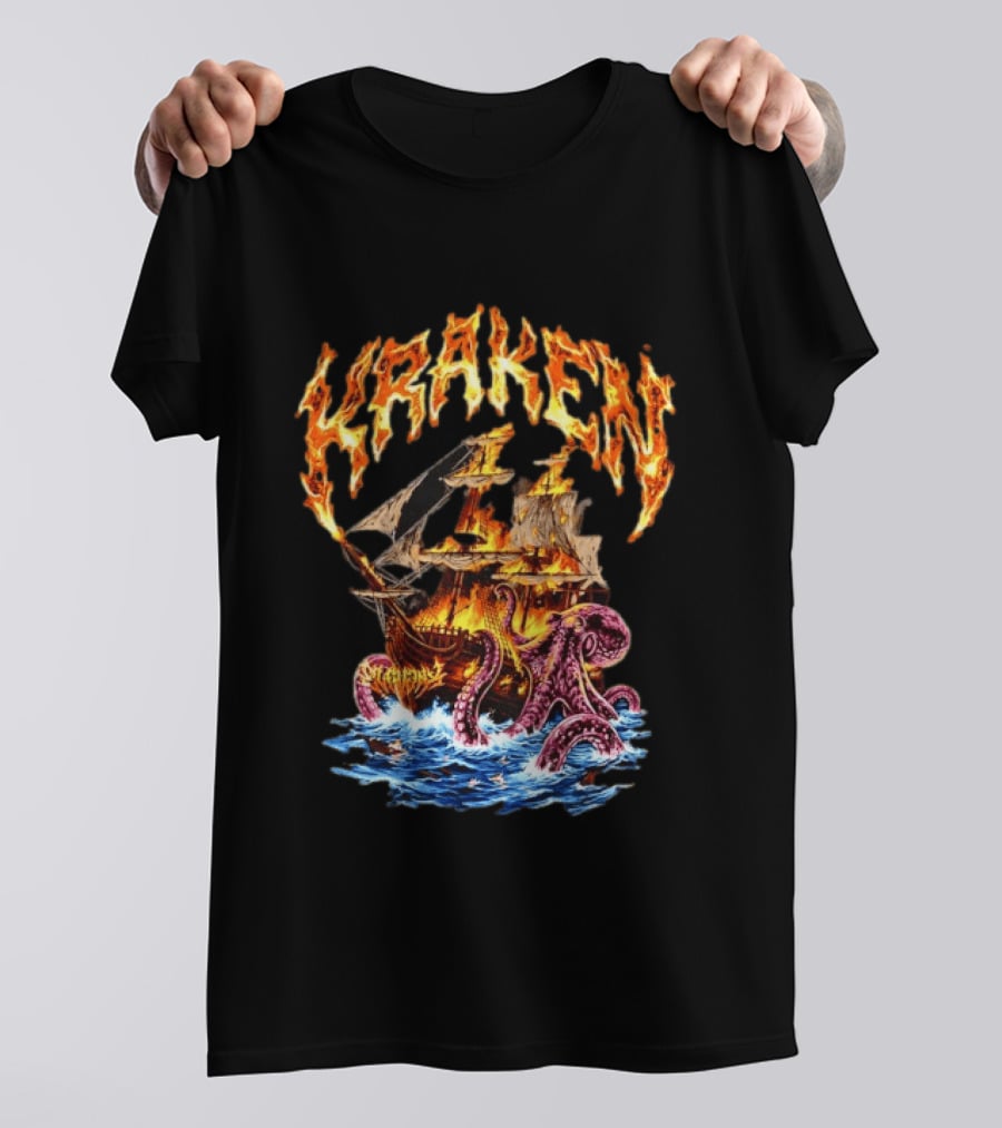 Kraken Nautical Myths Burning Ship Octopus Attack T-Shirt