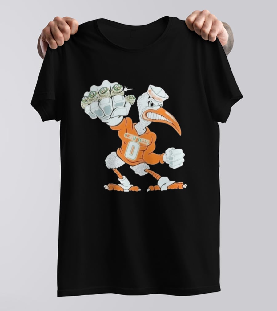 Miami Hurricanes Sebastian The Ibis 5 Rings Champs 1983 1987 1989 1991 2001 T-Shirt