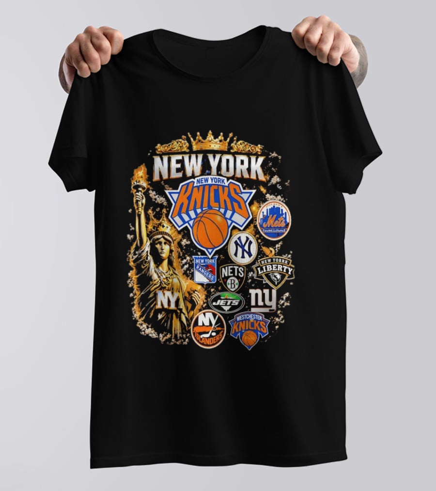 New York Knicks Mets Yankees Rangers Nets Liberty Jets Giants Islanders Westchester Knicks Statue Of Liberty T-Shirt