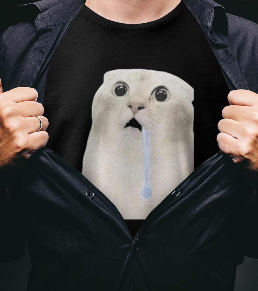 Wide Eyed Drooling Cat Meme Humor T-Shirt