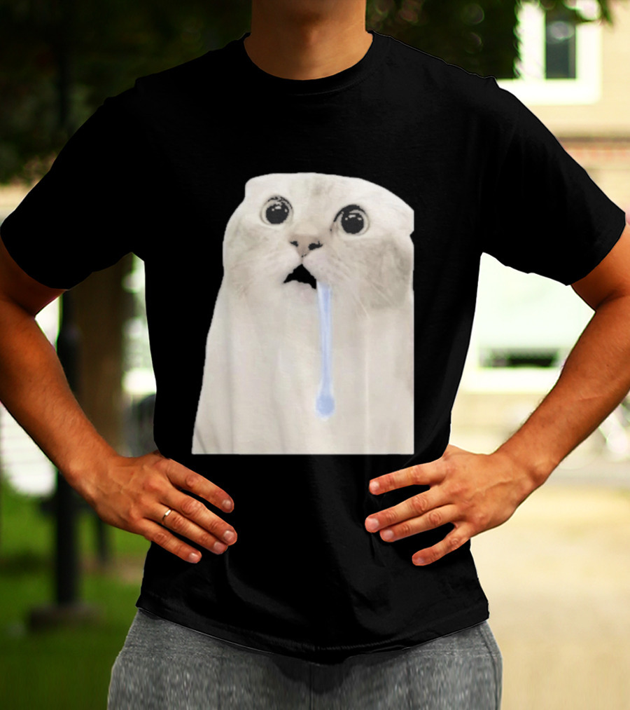 Wide Eyed Drooling Cat Meme Humor T-Shirt
