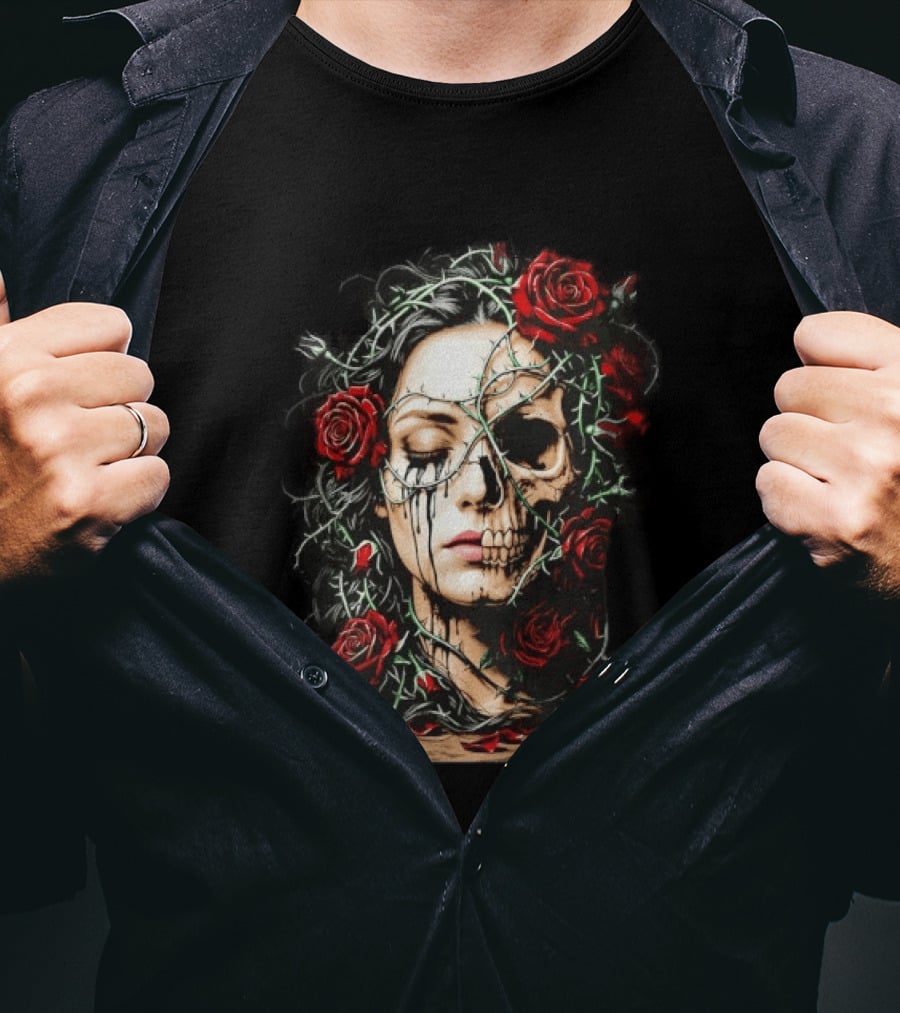 Eleventy Skull And Roses Gothic Heavy Metal Image With Thorns And Red Roses T-Shirt