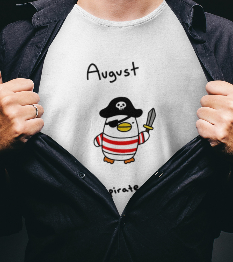 August Pirate Penguin Cartoon Striped Eyepatch Sword T-Shirt