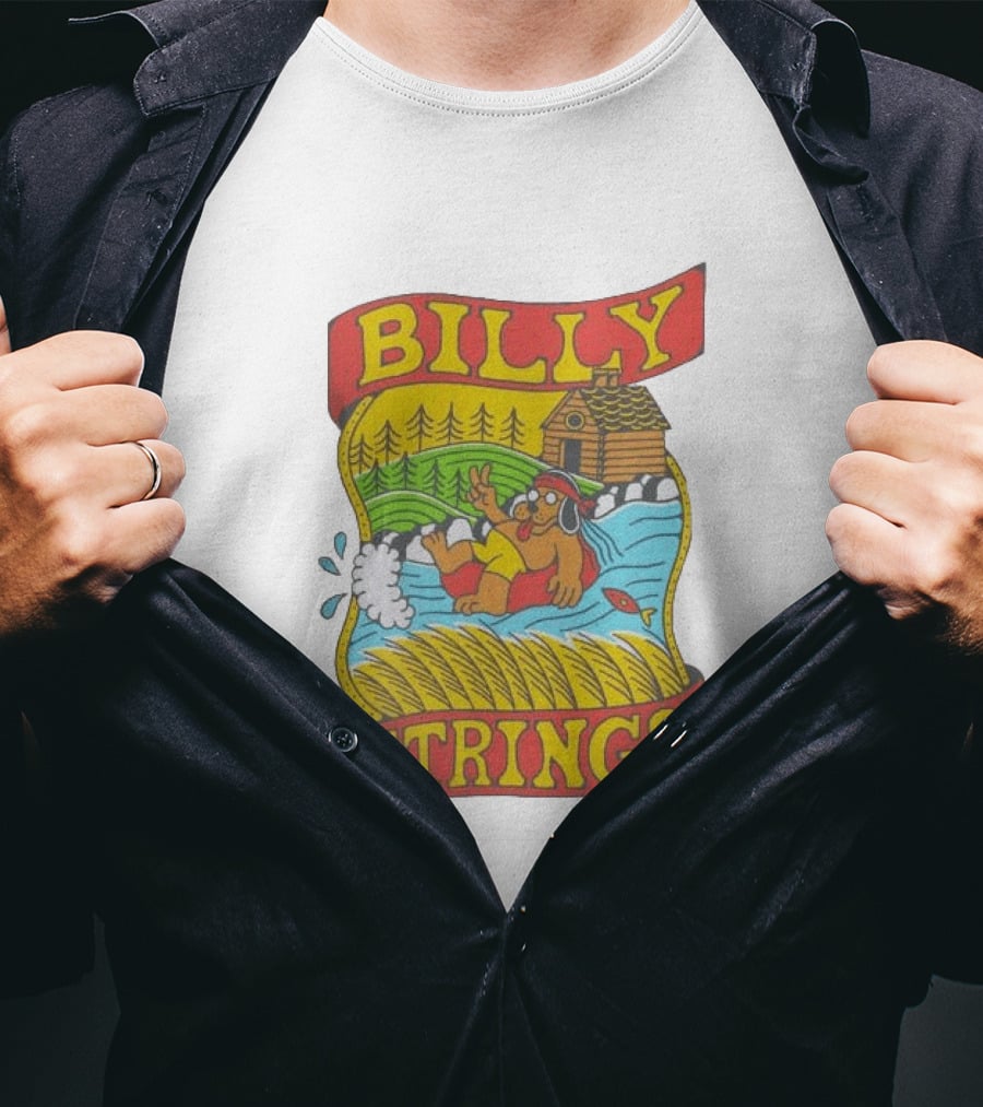 Billy Strings Tubing Bear Cabin Scene With Trees And Fish T-Shirt