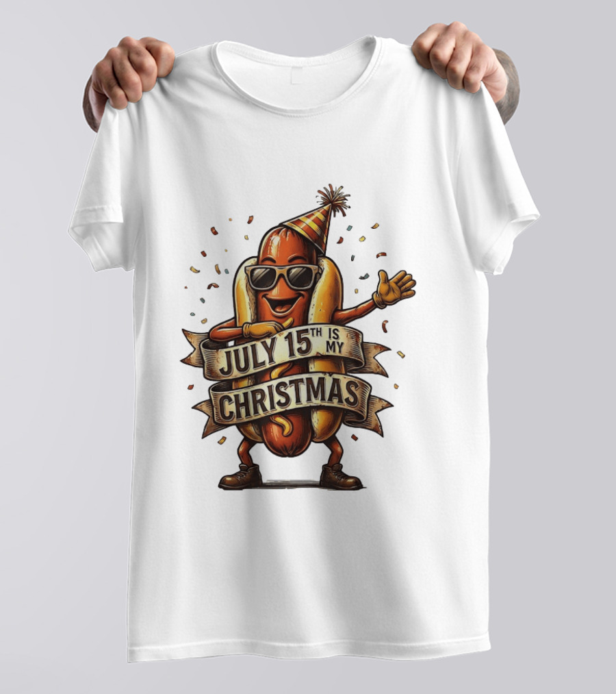 Hot Dog Wearing Sunglasses And Party Hat July 15th Is My Christmas T-Shirt