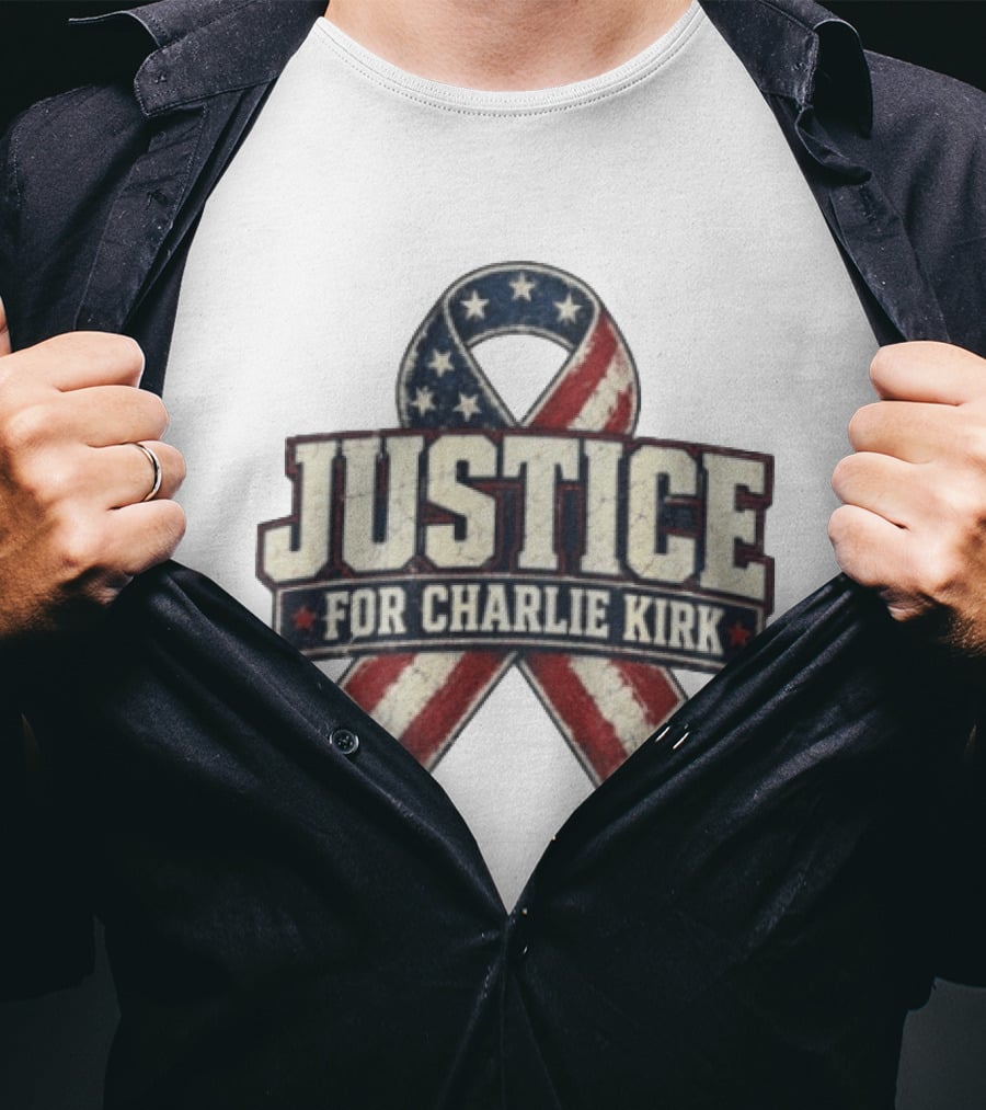 Justice For Charlie Kirk Distressed American Flag Ribbon T-Shirt