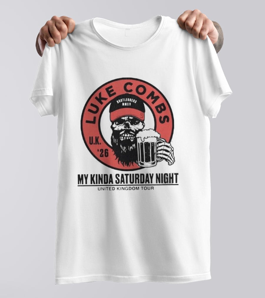 Luke Combs My Kinda Saturday Night UK Tour 2026 Pop Up Skeleton Holding Beer T-Shirt