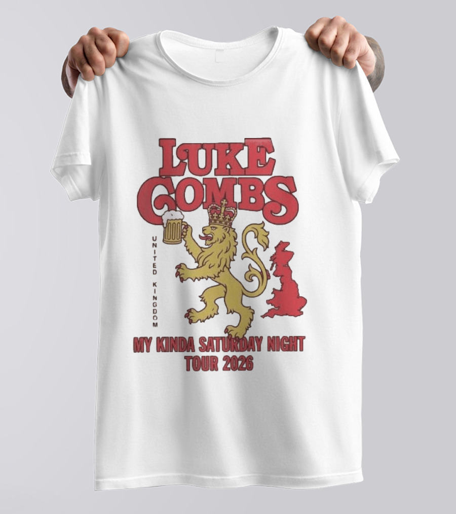 Luke Combs United Kingdom My Kinda Saturday Night Tour 2026 Lion Holding Beer T-Shirt