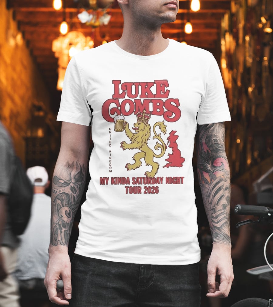 Luke Combs United Kingdom My Kinda Saturday Night Tour 2026 Lion Holding Beer T-Shirt