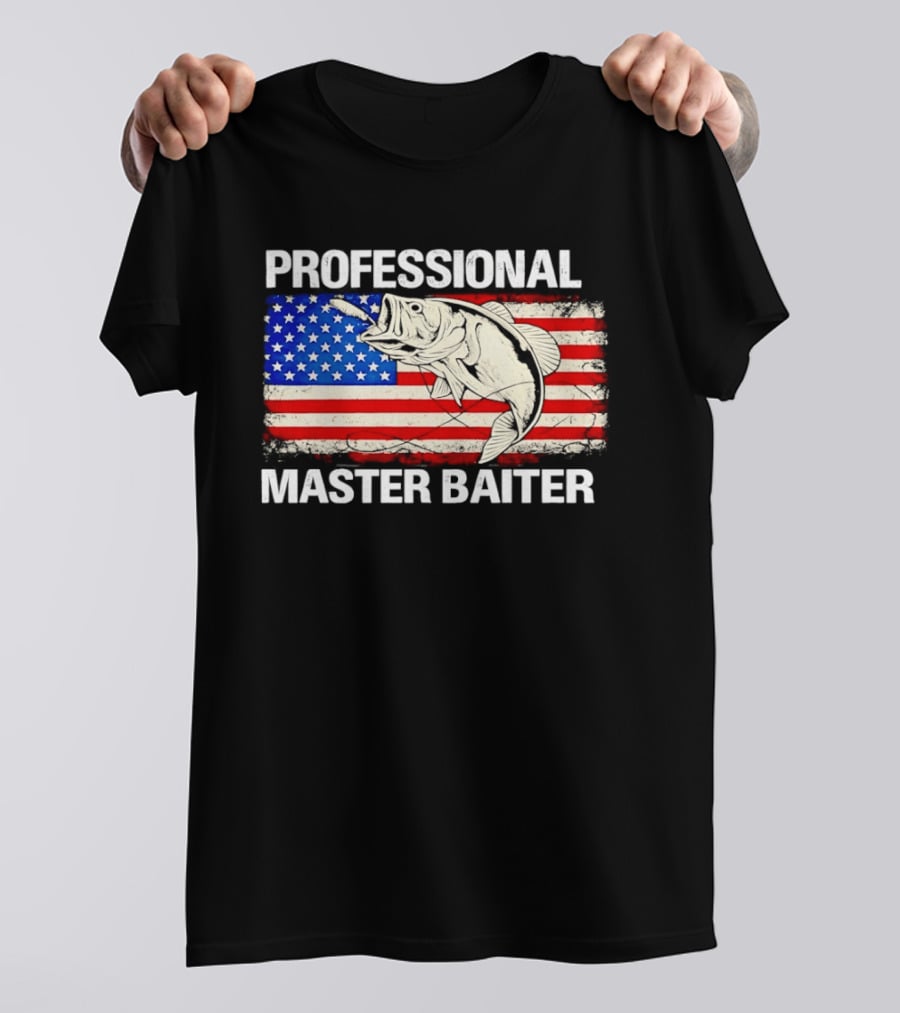 Professional Master Baiter Distressed American Flag Fishing USA Flag T-Shirt