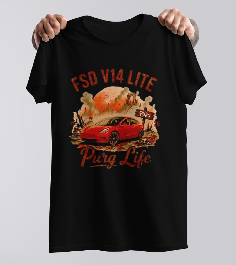 FSD V14 Lite Purg Life Tesla Car Adventure Distressed T-Shirt