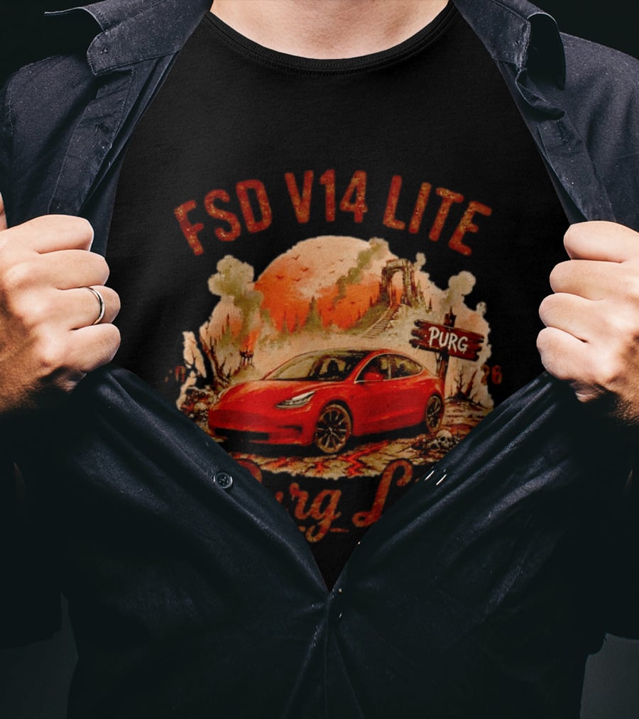 FSD V14 Lite Purg Life Tesla Car Adventure Distressed T-Shirt