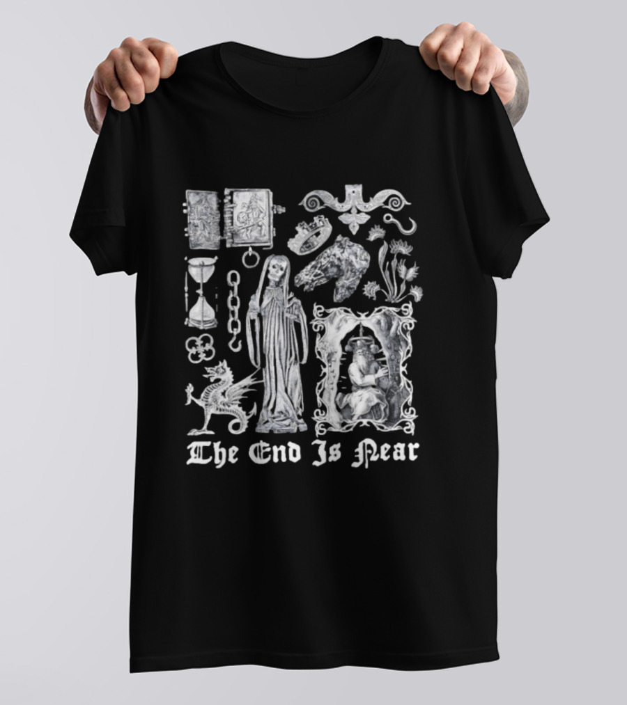 The End Is Near Gothic Occult Dark Medieval Symbols Skeleton Dragon Hourglass T-Shirt