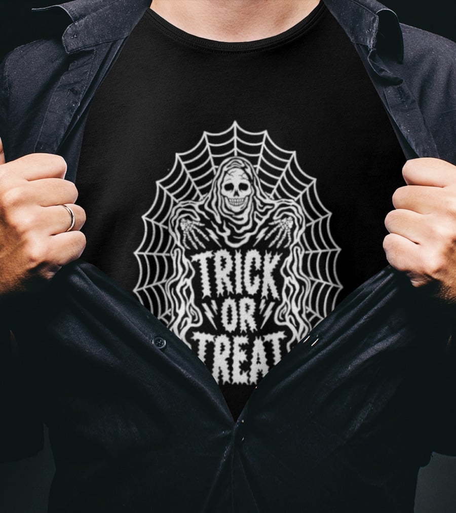 Trick Or Treat Skeleton Grim Reaper Spider Web Halloween T-Shirt