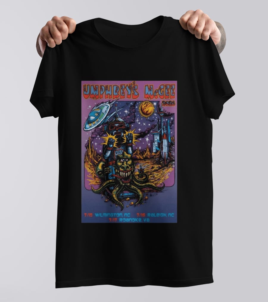 Umphrey's McGee 2026 Tour Dates With Sci Fi Art Featuring Space Monster And Robot In Roanoke VA T-Shirt