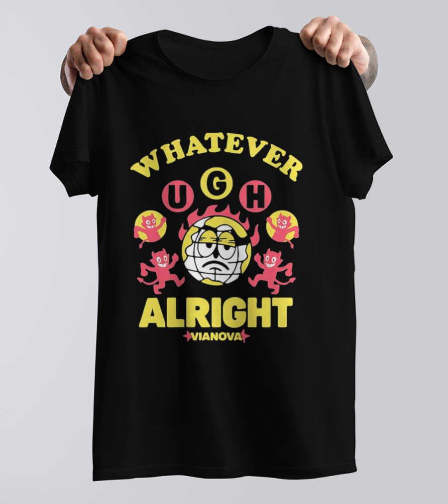Vianova Whatever Ugh Alright Grumpy Globe Face Red Devils Cartoon T-Shirt