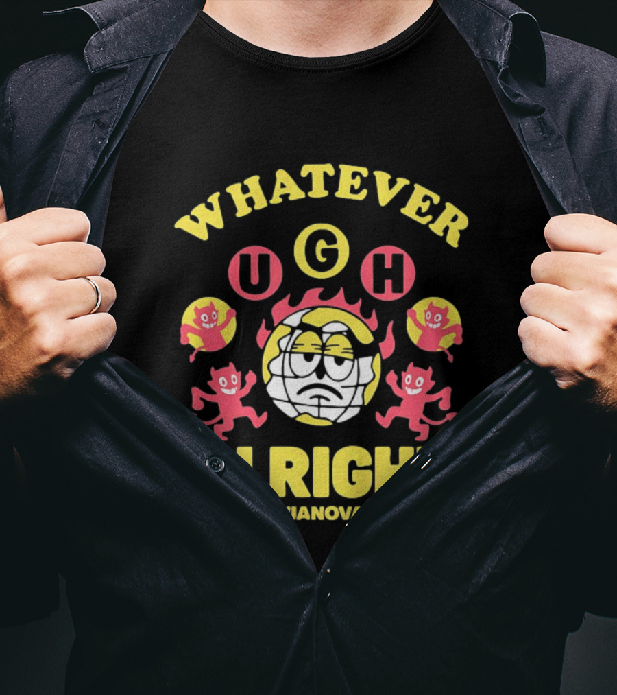 Vianova Whatever Ugh Alright Grumpy Globe Face Red Devils Cartoon T-Shirt
