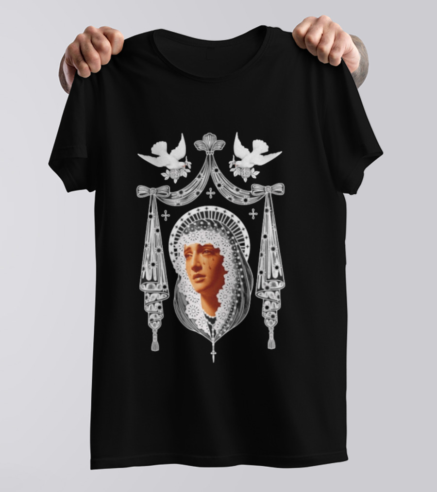Weeping Virgin Mary Gothic Icon With Doves And Ornate Silver Details T-Shirt