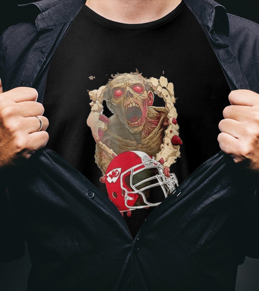 Zombie Kansas City Chiefs Helmet Halloween Scary Football Fan Spirit T-Shirt