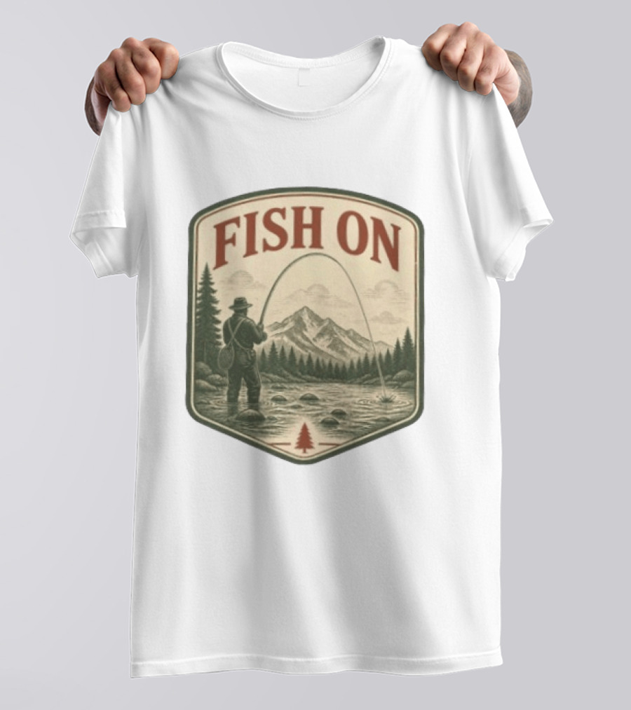 Fish On Fly Fishing Fisherman Mountain Landscape Adventure T-Shirt