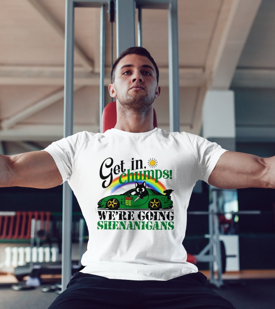 Get In Chumps Shenanigans Cat Driving Car Cartoon Rainbow Sun T-Shirt