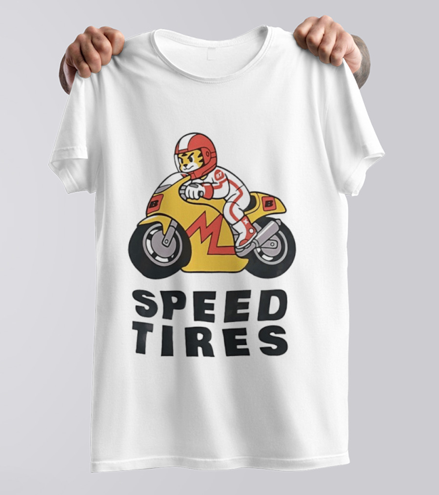 Speed Tires Tiger Motorcycle Racing Biker Rider On Yellow Bike T-Shirt