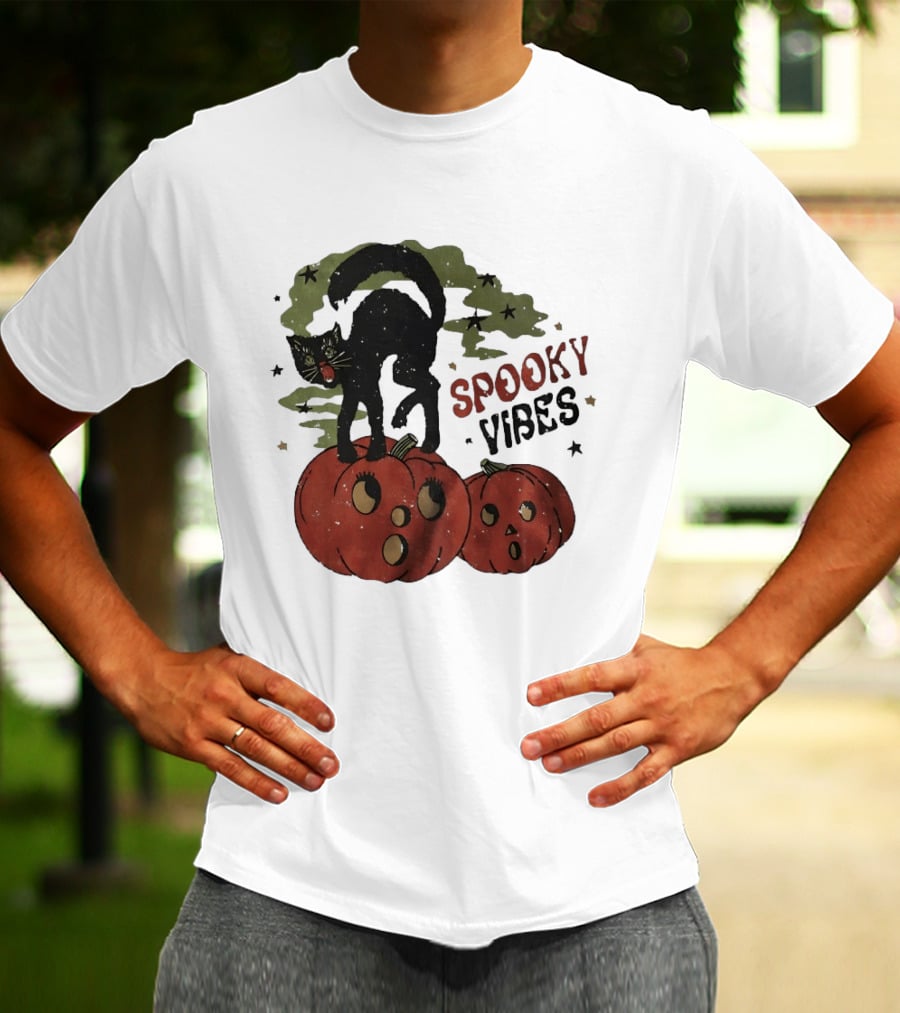Spooky Vibes Black Cat Pumpkins Halloween Cartoon Stars T-Shirt