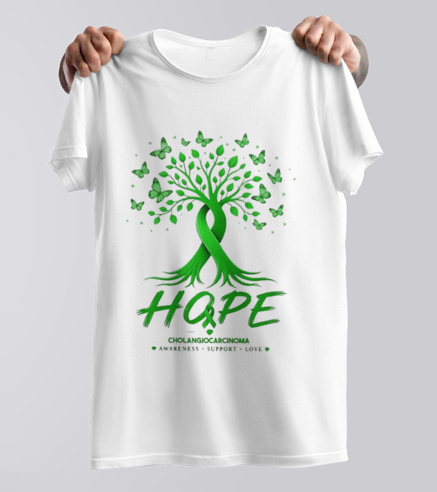 Hope Tree With Butterflies Cholangiocarcinoma Awareness Support Love Ribbon T-Shirt