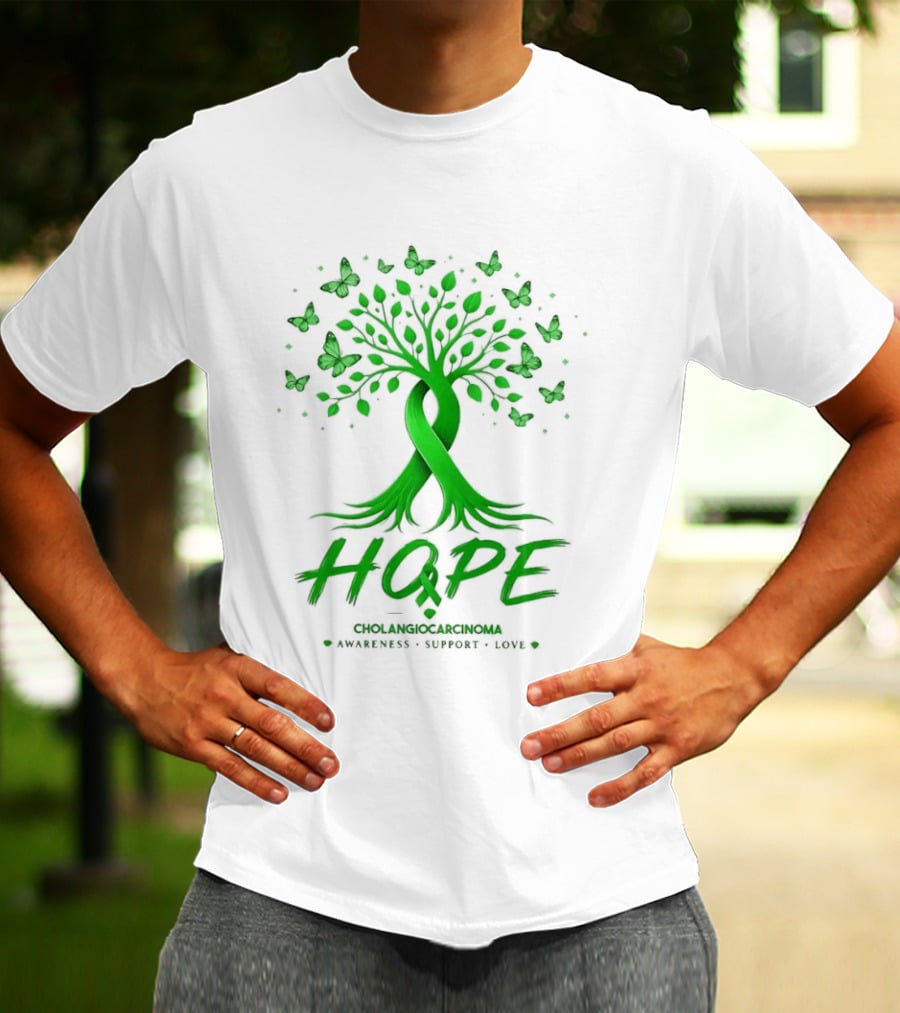 Hope Tree With Butterflies Cholangiocarcinoma Awareness Support Love Ribbon T-Shirt