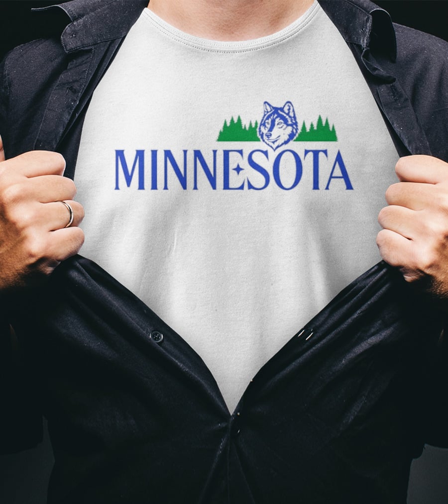 Minnesota Wolf Forest Nature Wildlife Scenery With Blue Green Trees And Animal T-Shirt