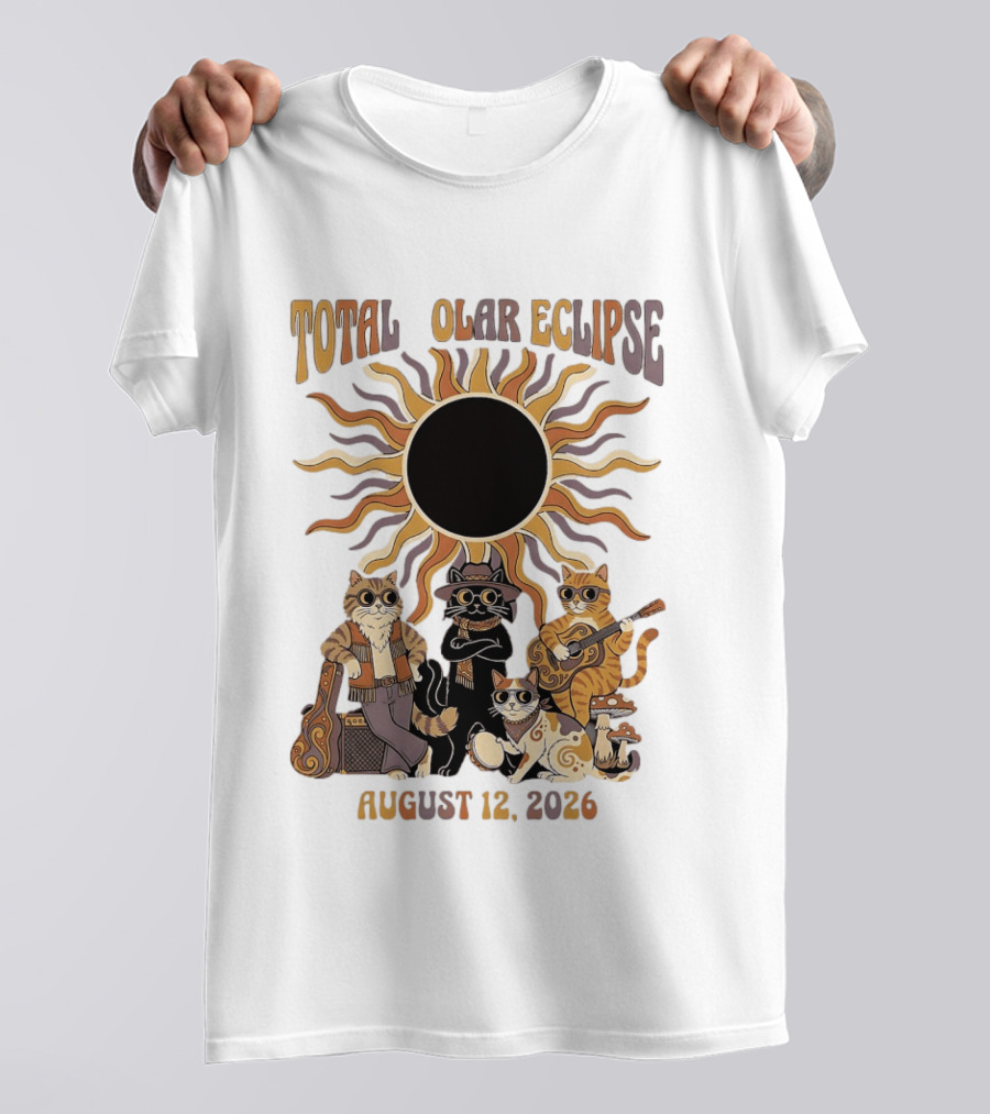 Total Solar Eclipse August 12 2026 Cats Band With Instruments And Sunglasses T-Shirt