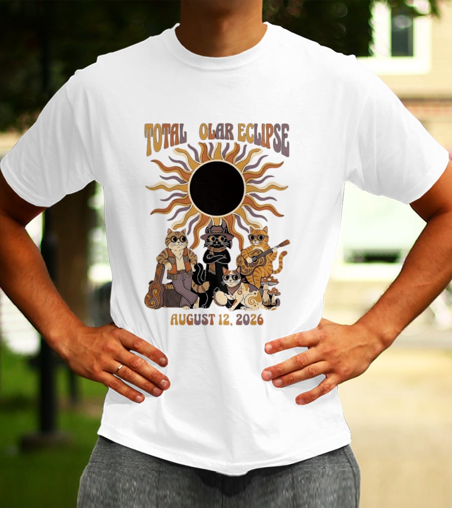 Total Solar Eclipse August 12 2026 Cats Band With Instruments And Sunglasses T-Shirt