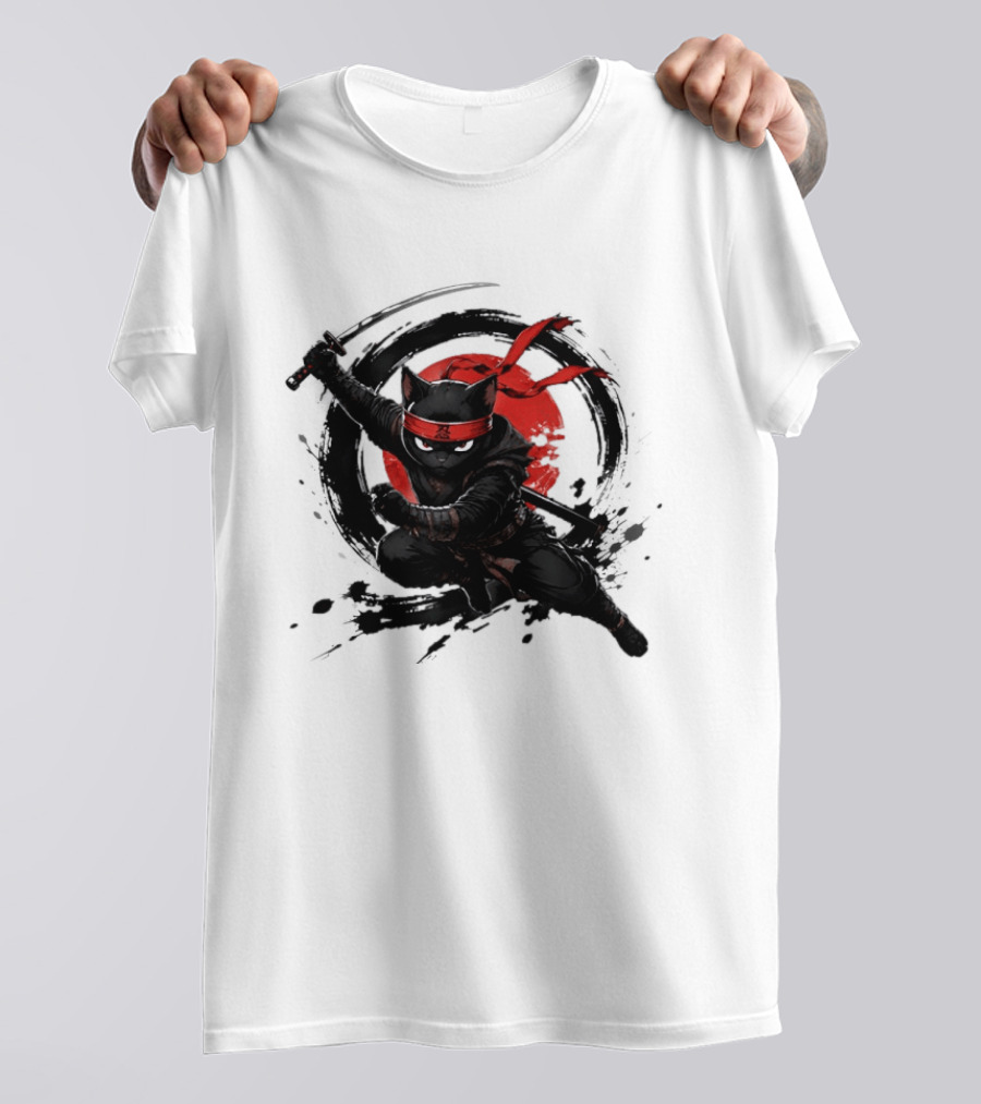 Ninja Cat Katana Warrior Red Rising Sun T-Shirt