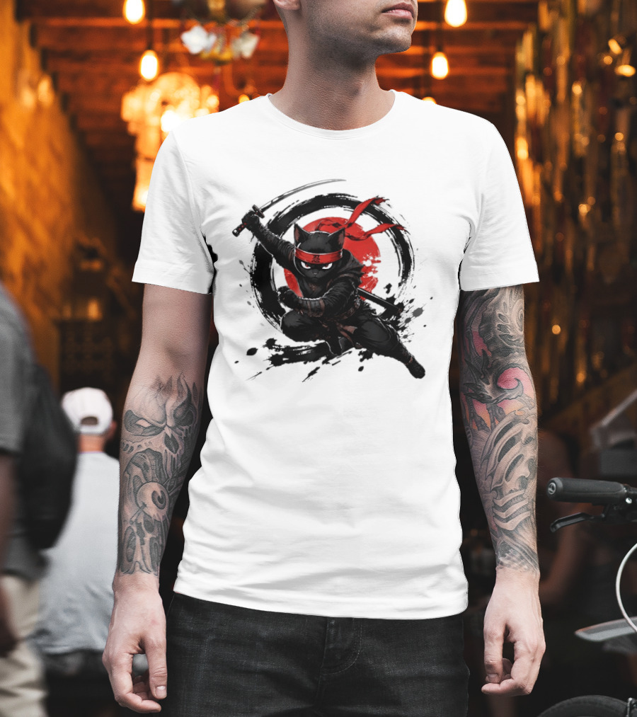 Ninja Cat Katana Warrior Red Rising Sun T-Shirt