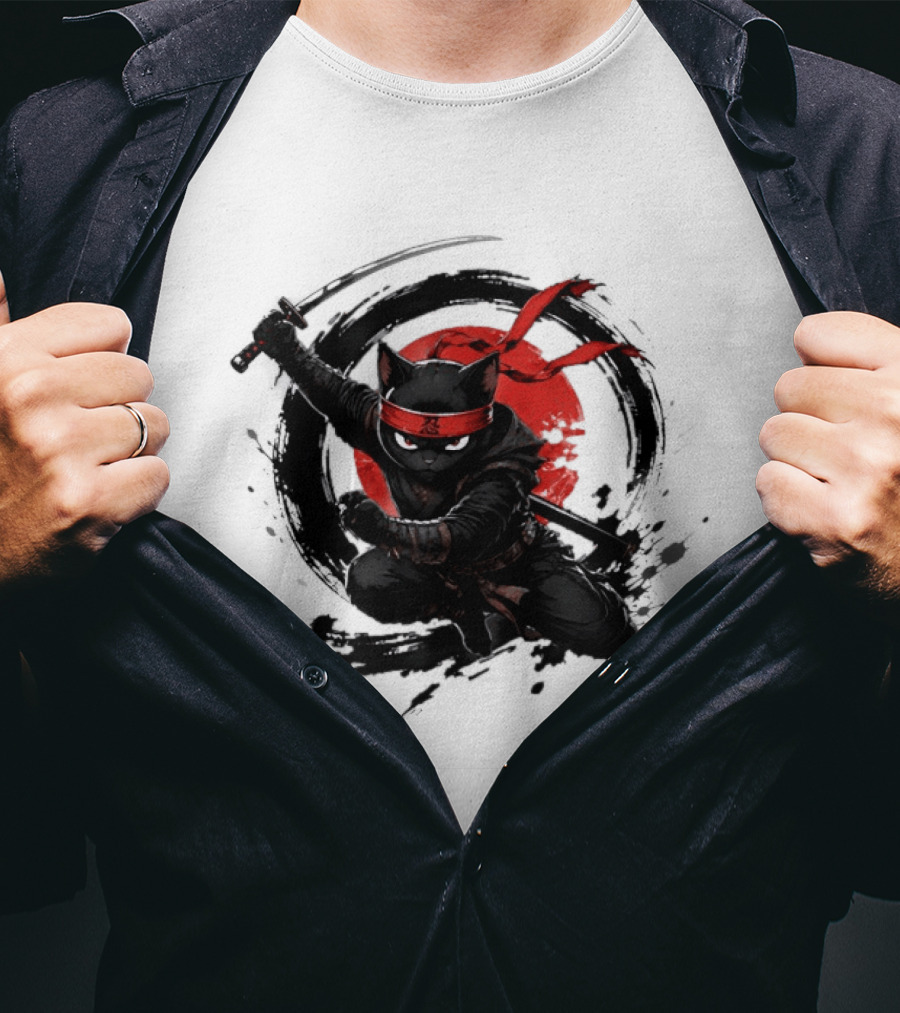 Ninja Cat Katana Warrior Red Rising Sun T-Shirt