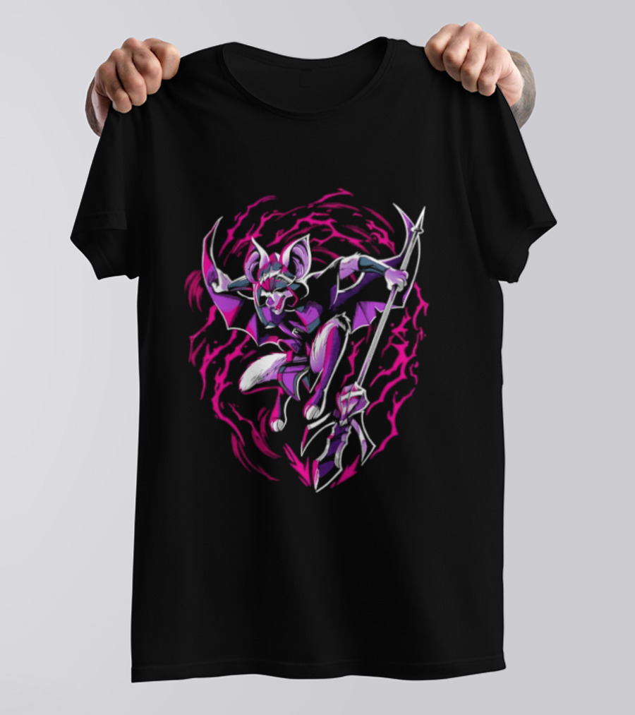 Thorne Bat Warrior With Spear Fantasy Purple Pink Swirl T-Shirt