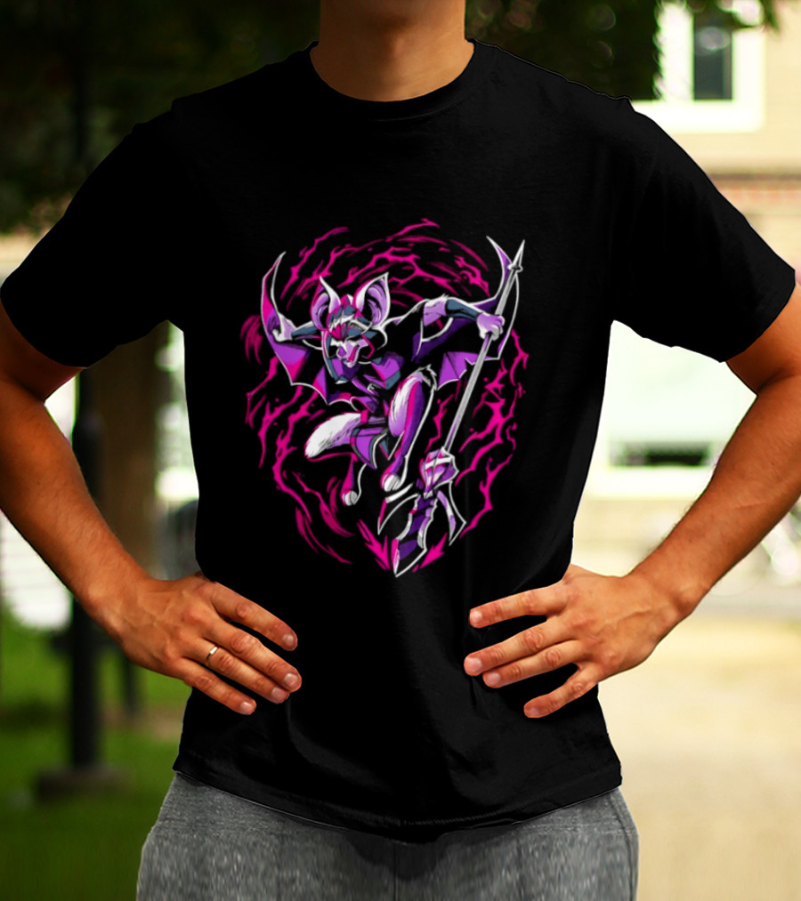 Thorne Bat Warrior With Spear Fantasy Purple Pink Swirl T-Shirt