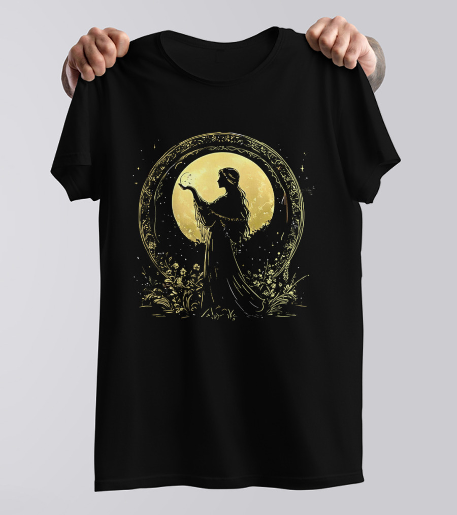 Woman Holding Moon Crescent Celestial Golden Lunar T-Shirt