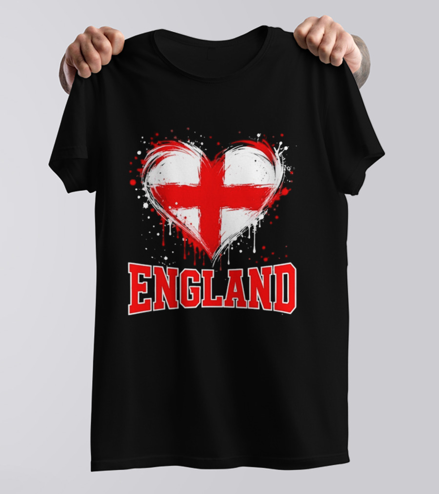 England Heart Flag Paint Splatter Red And White Cross T-Shirt