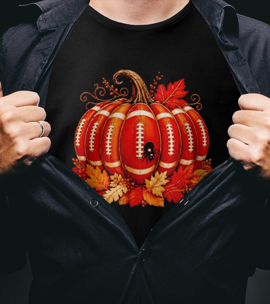 Football Pumpkin Spider Autumn Leaves Thanksgiving Decor T-Shirt
