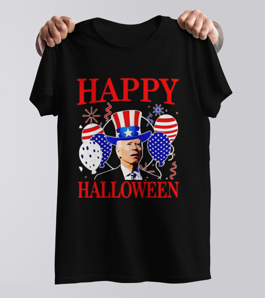 Happy Halloween Biden Uncle Sam Hat American Flag Balloons T-Shirt