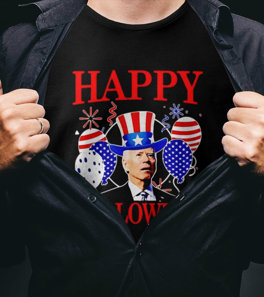 Happy Halloween Biden Uncle Sam Hat American Flag Balloons T-Shirt