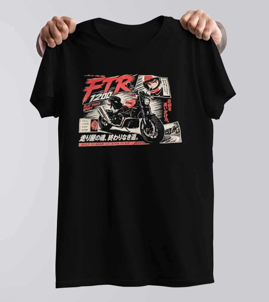 Indian FTR 1200 Flat Track Spirit Built To Roam Born To Rip 1203cc V Twin 123HP 120NM Japanese Manga T-Shirt