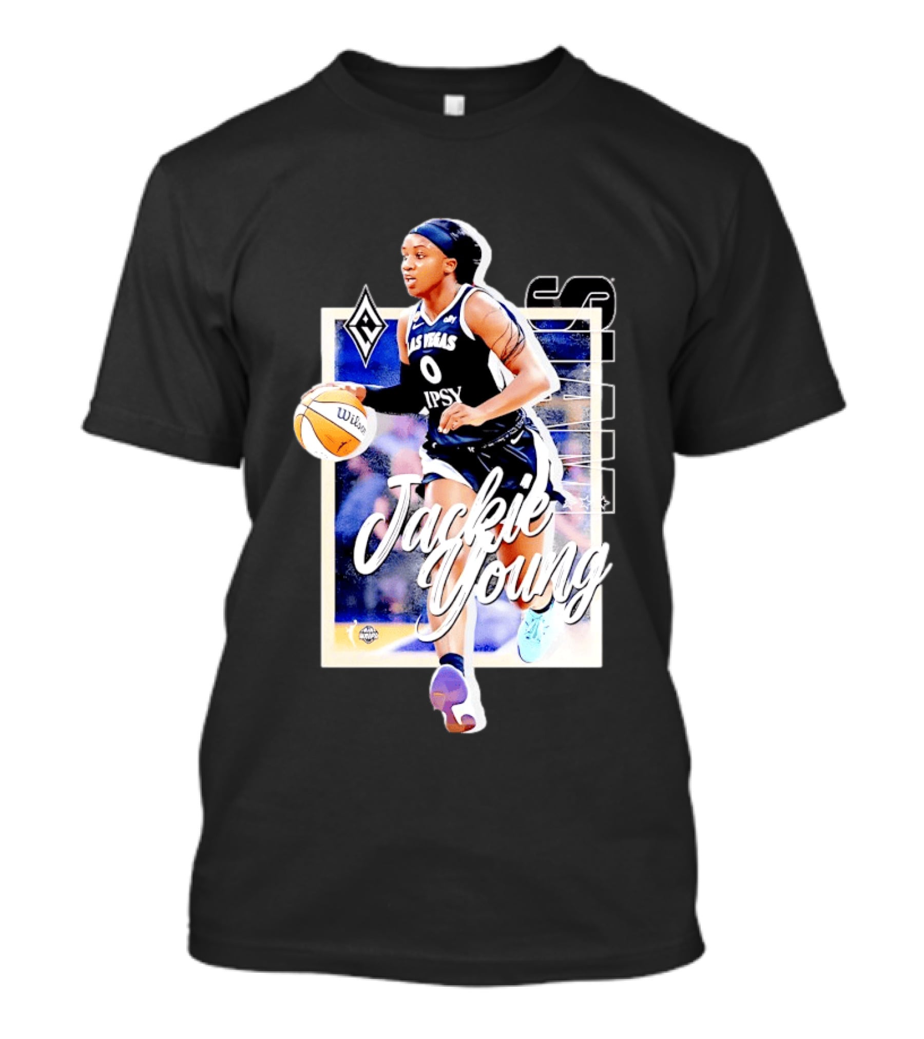 Jackie Young Las Vegas Aces Number 0 Dribbling Action With Wilson Basketball And Lids Headband T-Shirt