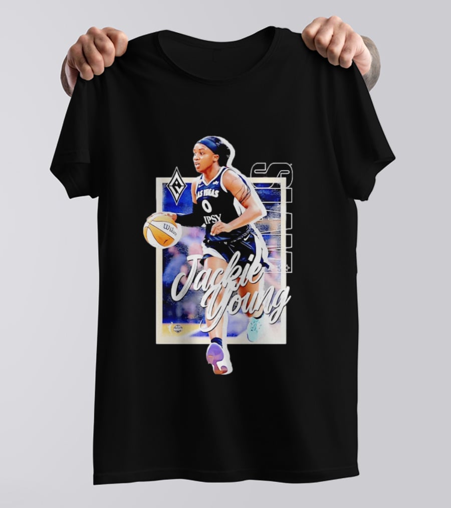 Jackie Young Las Vegas Aces Number 0 Dribbling Action With Wilson Basketball And Lids Headband T-Shirt
