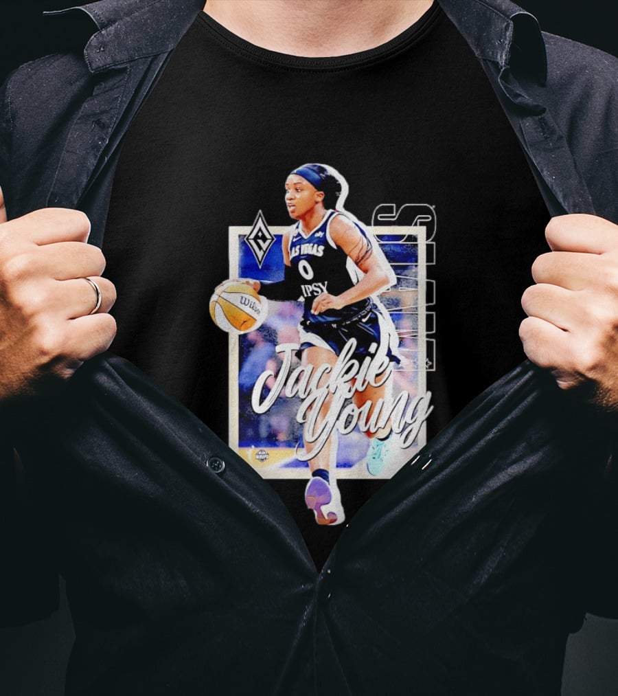 Jackie Young Las Vegas Aces Number 0 Dribbling Action With Wilson Basketball And Lids Headband T-Shirt