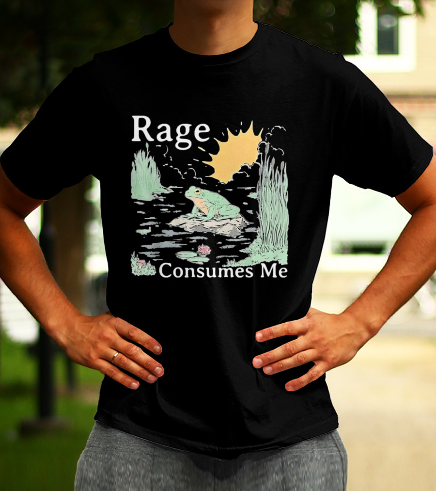 Rage Consumes Me Frog On Rock With Sunburst And Pond Scene T-Shirt